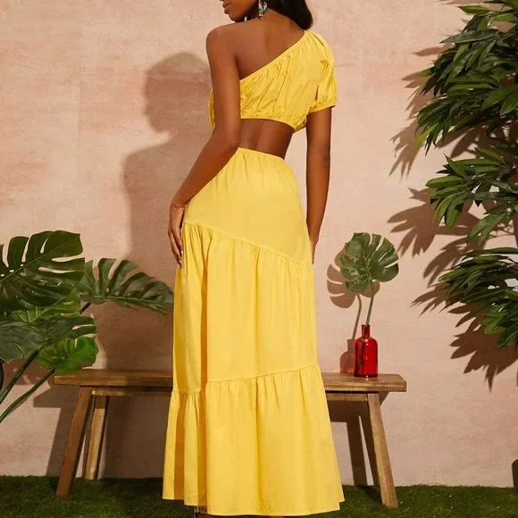 YELLOW PUFF SLEEVE ONE SHOULDER CUT OUT DETAIL MAXI DRESS SUMMER VACAY - Picture 6 of 8